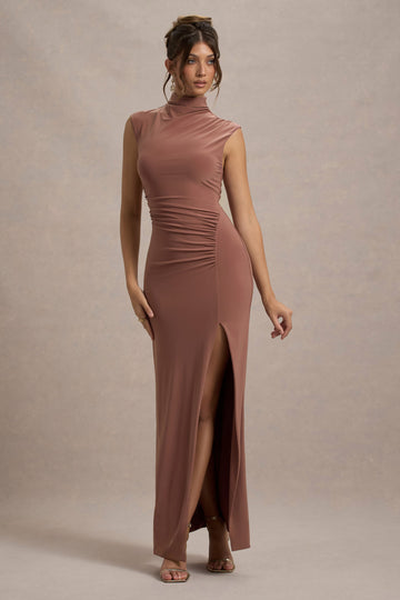 Lanetta Chestnut Brown Ruched High-Neck Maxi Dress With Split